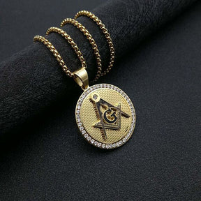 Master Mason Blue Lodge Necklace - Square and Compass with G Iced Out Round (Gold & Silver) - Bricks Masons