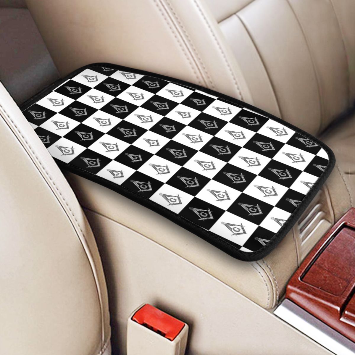 Master Mason Blue Lodge Car Armrest - Square and Compass G Checkered - Bricks Masons