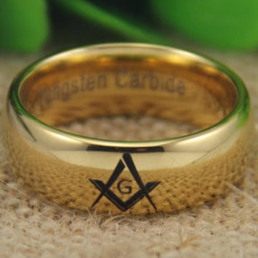 Masonic Master Gold Color Dome Tungsten Ring Free Engraving - Bricks Masons