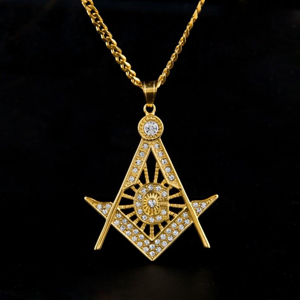 Master Mason Blue Lodge Necklace - Iced Out Rhinestone Square & Compass [Gold & Silver] - Bricks Masons