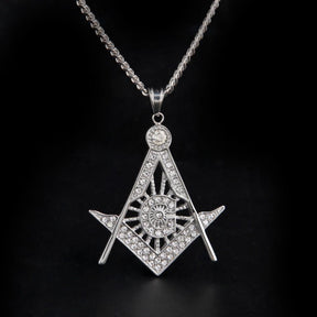 Master Mason Blue Lodge Necklace - Iced Out Rhinestone Square & Compass [Gold & Silver] - Bricks Masons