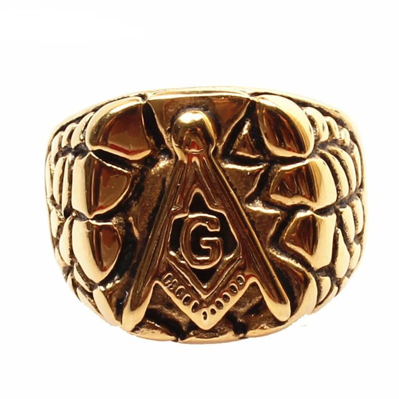 Master Mason Blue Lodge Ring - Punk Carved Plated Gold - Bricks Masons