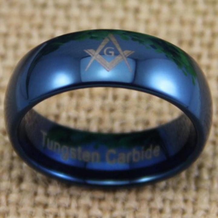 Freemason Masonic Blue Dome Tungsten Ring Free Engraving - Bricks Masons