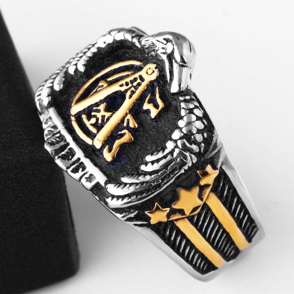 Master Mason Blue Lodge Ring - Eagle US Flag Golden - Bricks Masons
