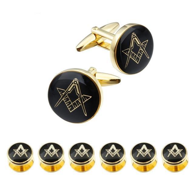 Black Enamel Cufflinks High Quality Tuxedo 6 Studs Set [Gold & Silver] - Bricks Masons