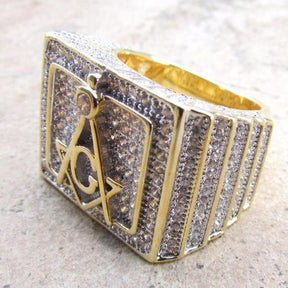 Full Zirconia Bold Golden Masonic Copper Ring - Bricks Masons