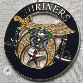 Shriners Car Emblem - Rhinestone Minarets Black Medallion - Bricks Masons