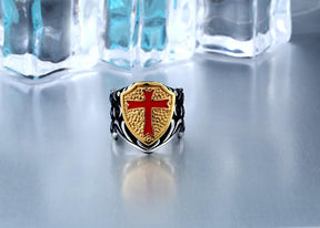 Red Cross Gold Shield Knights Templar Ring - Bricks Masons