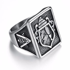 Master Mason Blue Lodge Ring - Silver Titanium Steel - Bricks Masons