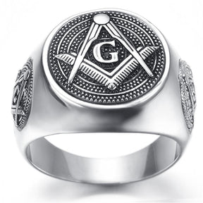 Master Mason Blue Lodge Ring - Round Silver Stainless Steel - Bricks Masons