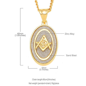 Oval Masonic Square Compass Pendant Gold Necklace - Bricks Masons