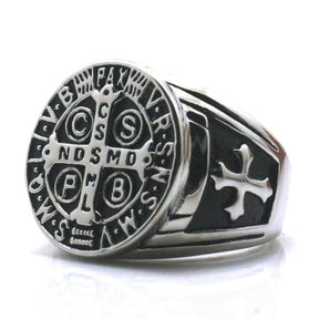 Saint Benedict Medal cssml ndsmd Knights Templar Black Silver Ring - Bricks Masons