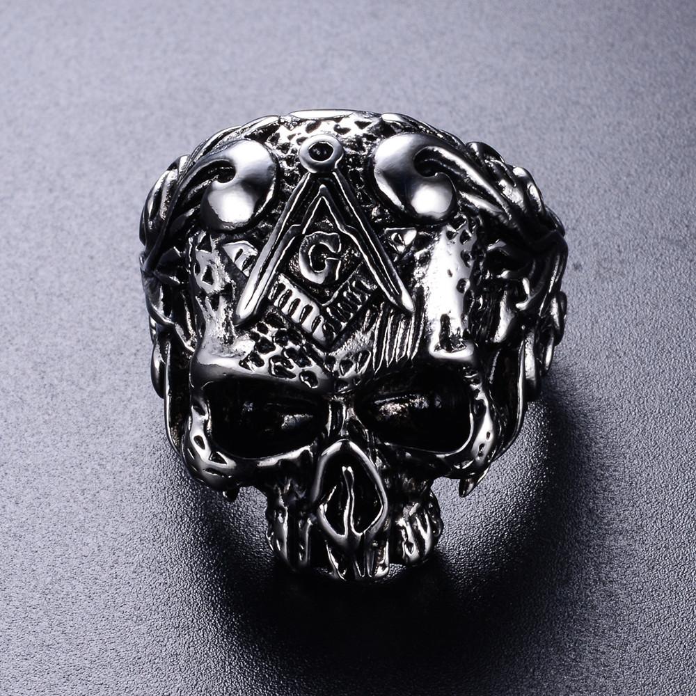 Stainless Steel Gothic Masonic Skull Ring - Bricks Masons