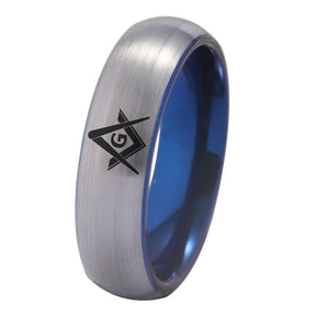 Tungsten Ring Silver With Blue Tungsten Masonic Ring FREE Engraving - Bricks Masons
