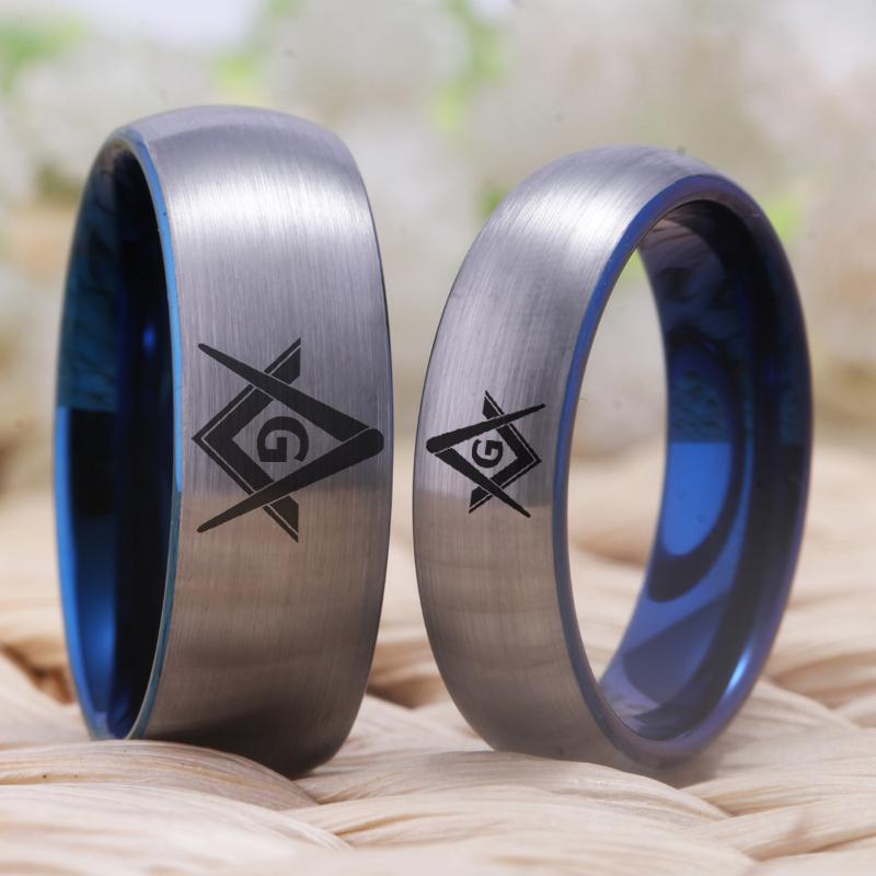 Tungsten Ring Silver With Blue Tungsten Masonic Ring FREE Engraving - Bricks Masons