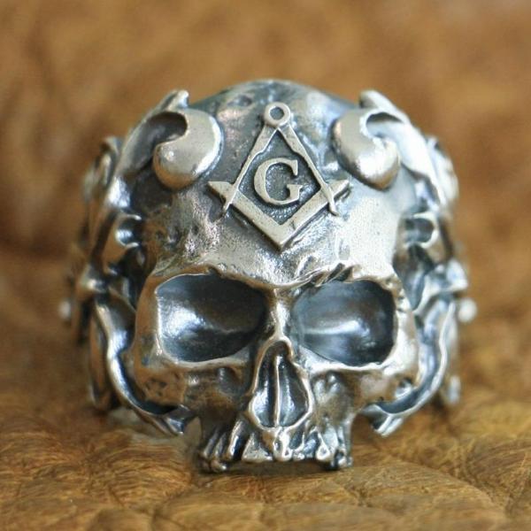 925 Sterling Silver Masonic Skull Ring - Bricks Masons
