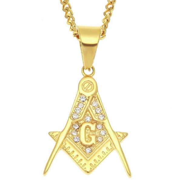 Zirconia Stainless Steel Square Compass G Freemason Pendant - Bricks Masons