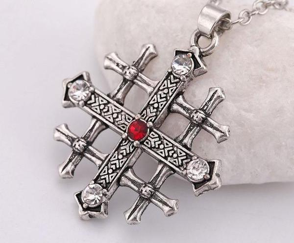 knights Templar Jerusalem Cross Medieval Red Crystal Necklace - Bricks Masons