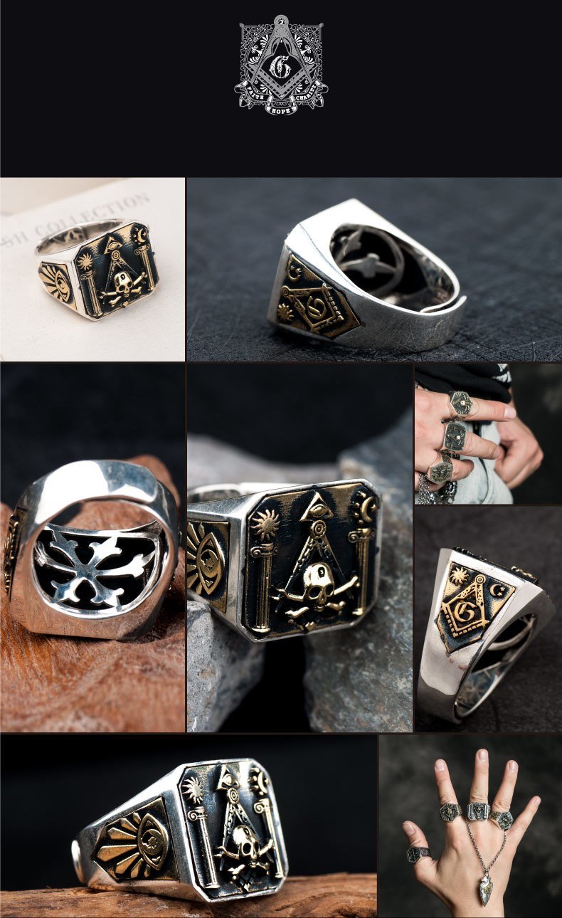 925 Silver Skull & Bones Pillars Masonic Ring [Laser Text Engraving] - Bricks Masons