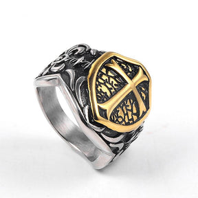 Knights Templar Golden Cross Shield Motif Ring - Bricks Masons