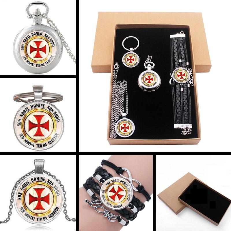 Knights Templar Cross Silver Jewelry Gift Set - Pocket Watch Necklace Keychain Bracelet - Bricks Masons