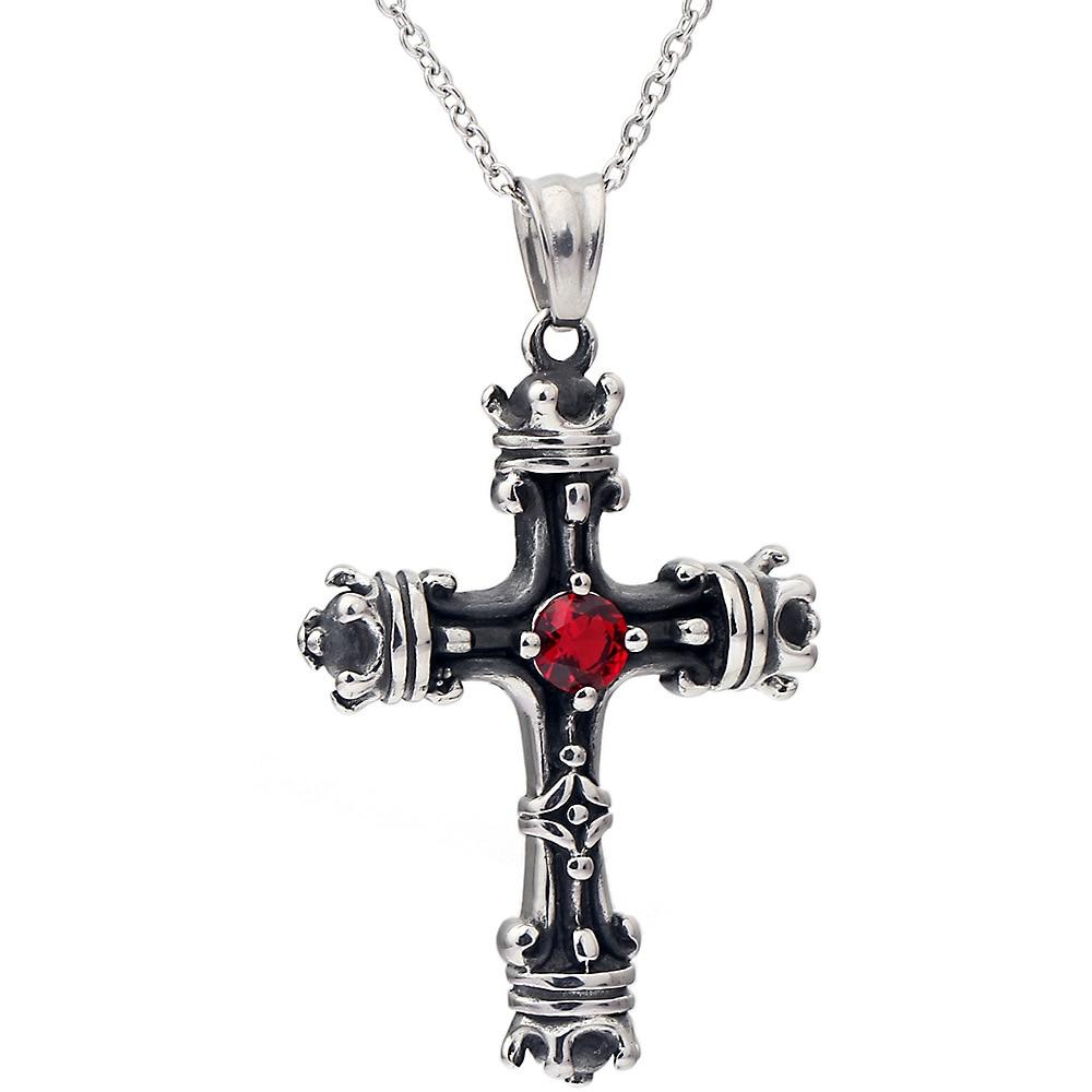 Vintage Crown Red Zirconia Cross Pendant Necklace - Bricks Masons