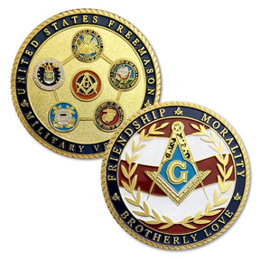 US Veteran Military Air Force Navy Marine Corps Army Coast Guard Masonic Coin - Bricks Masons