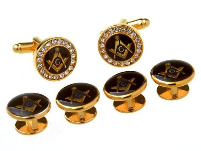 Gold Zirconia Masonic Tuxedo Cufflinks Collar Studs Set 6pcs - Bricks Masons