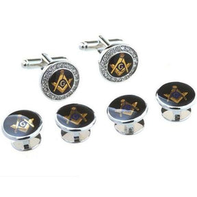 Silver Round Zirconia Masonic Tuxedo Cufflinks Collar Studs Set - Bricks Masons
