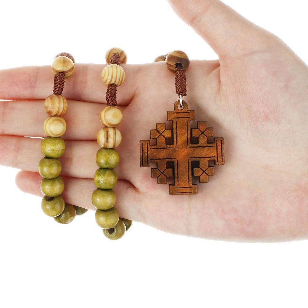 Wooden Rosary Beaded Jerusalem Cross Necklace - Bricks Masons
