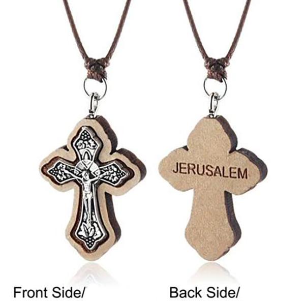 Medieval Wooden Jerusalem Cross Necklace - Bricks Masons