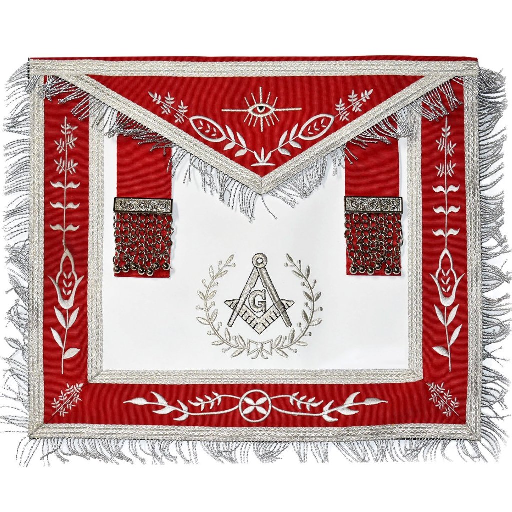 Masonic Blue Lodge Master Mason Silver Machine Embroidery Red Apron - Bricks Masons