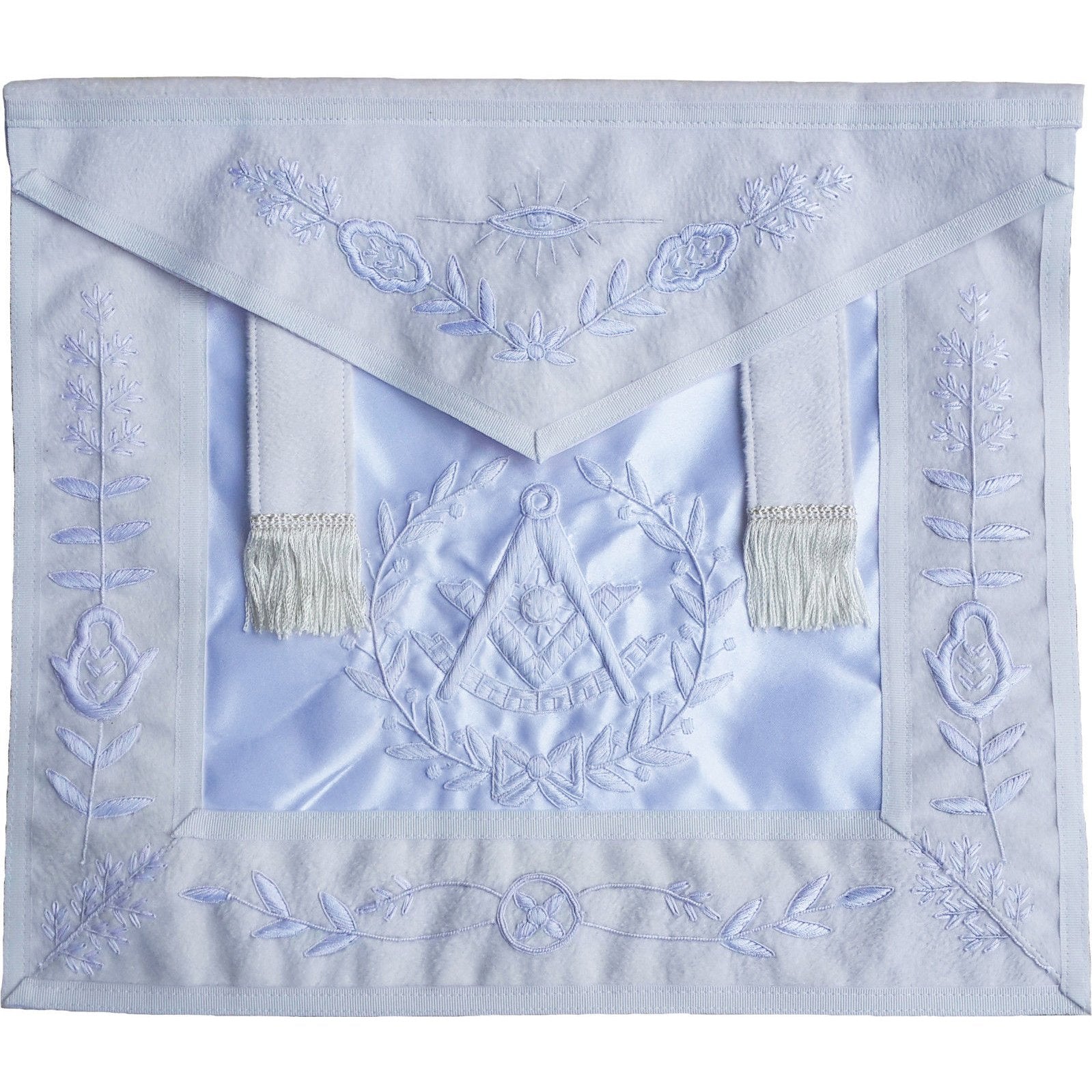 Past Master Blue Lodge Apron - All White with Side Tabs & Wreath - Bricks Masons