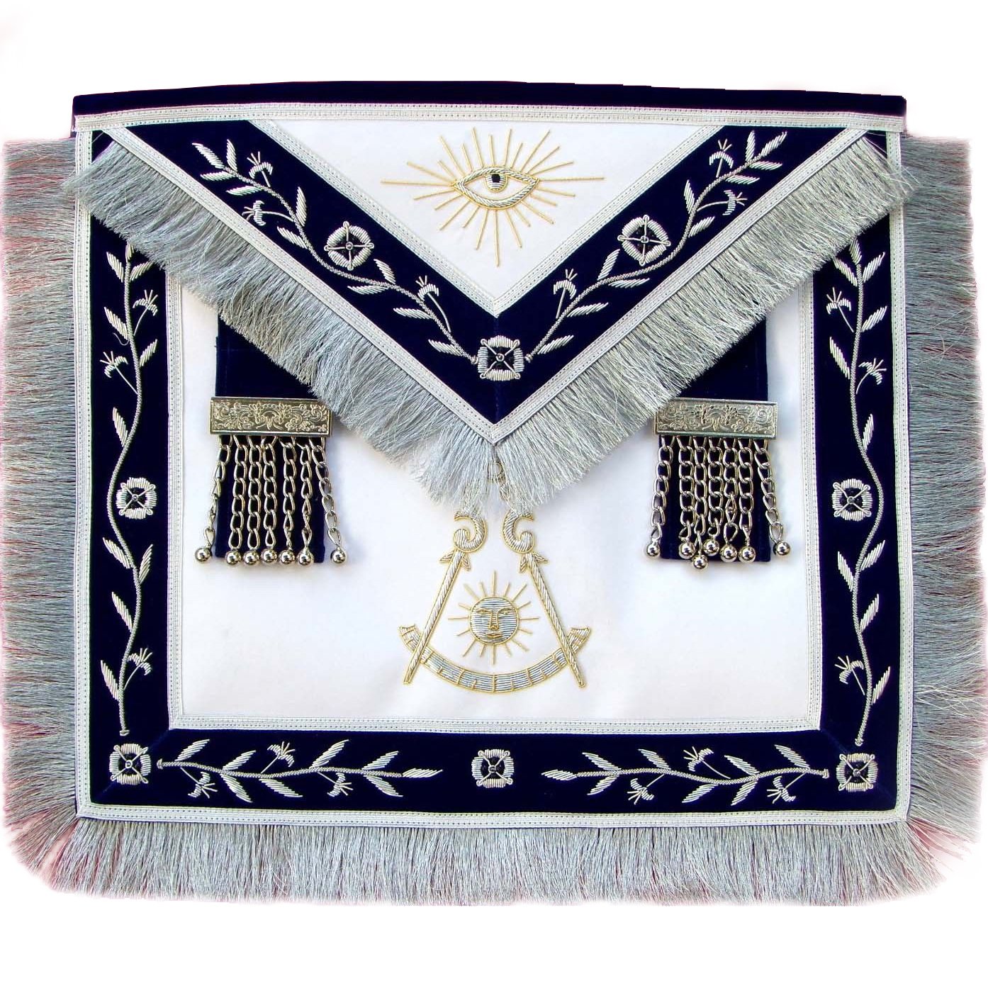 Past Master Blue Lodge Apron - Navy Blue with Silver Fringe Tassels Hand Embroidery - Bricks Masons