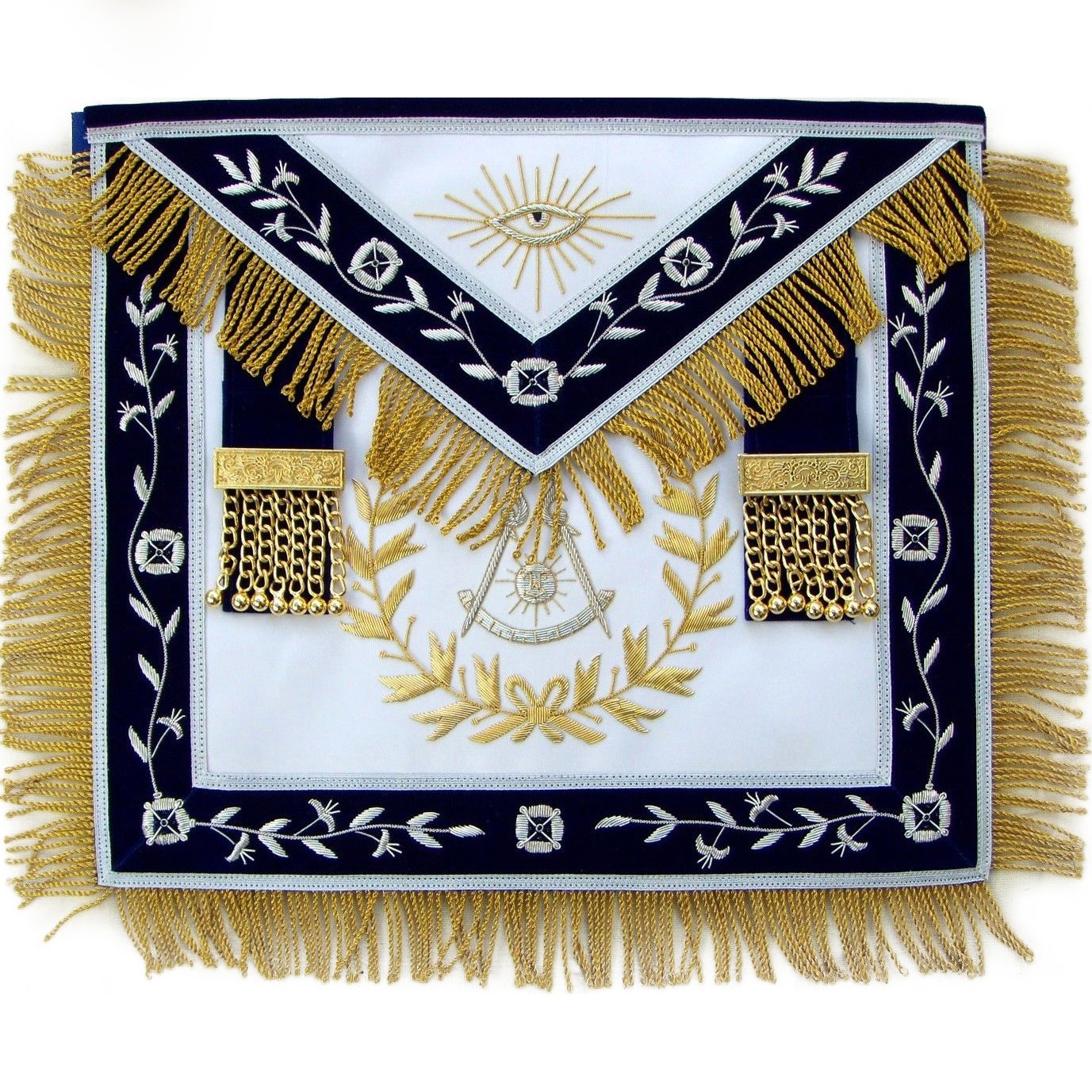 Past Master Blue Lodge Apron - Silver Braid & Golden Fringe Tassels Hand Embroidery - Bricks Masons