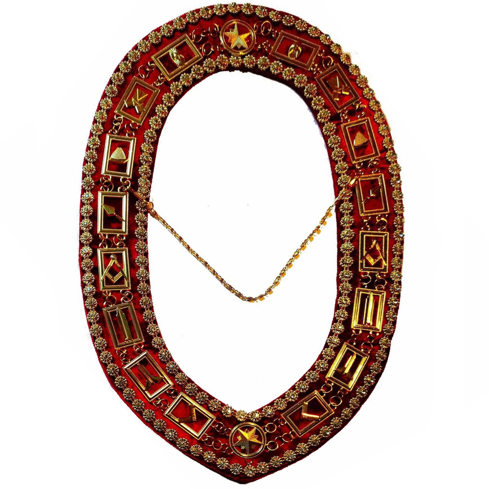 Blue Lodge Chain Collar - Gold Plated with Rhinestones on Red Velvet - Bricks Masons
