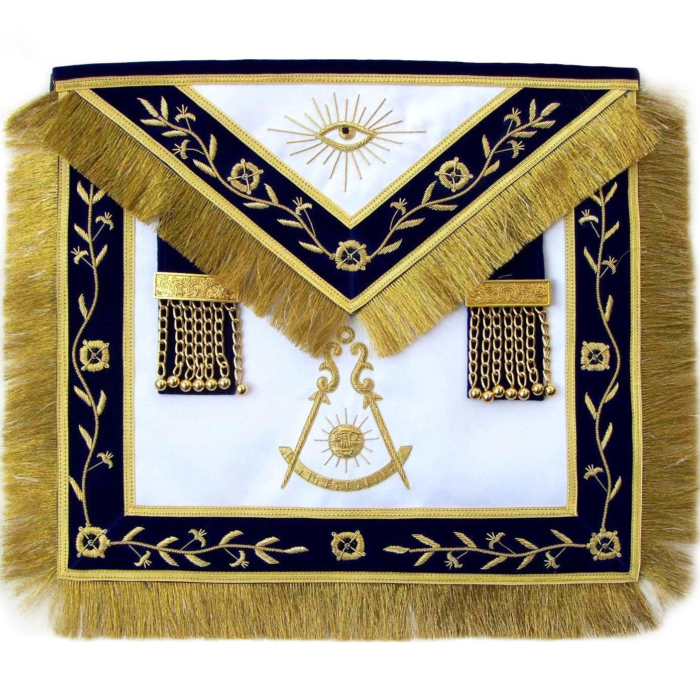 Past Master Blue Lodge Apron - Golden Vinework & Fringe Tassels Hand Embroidery - Bricks Masons