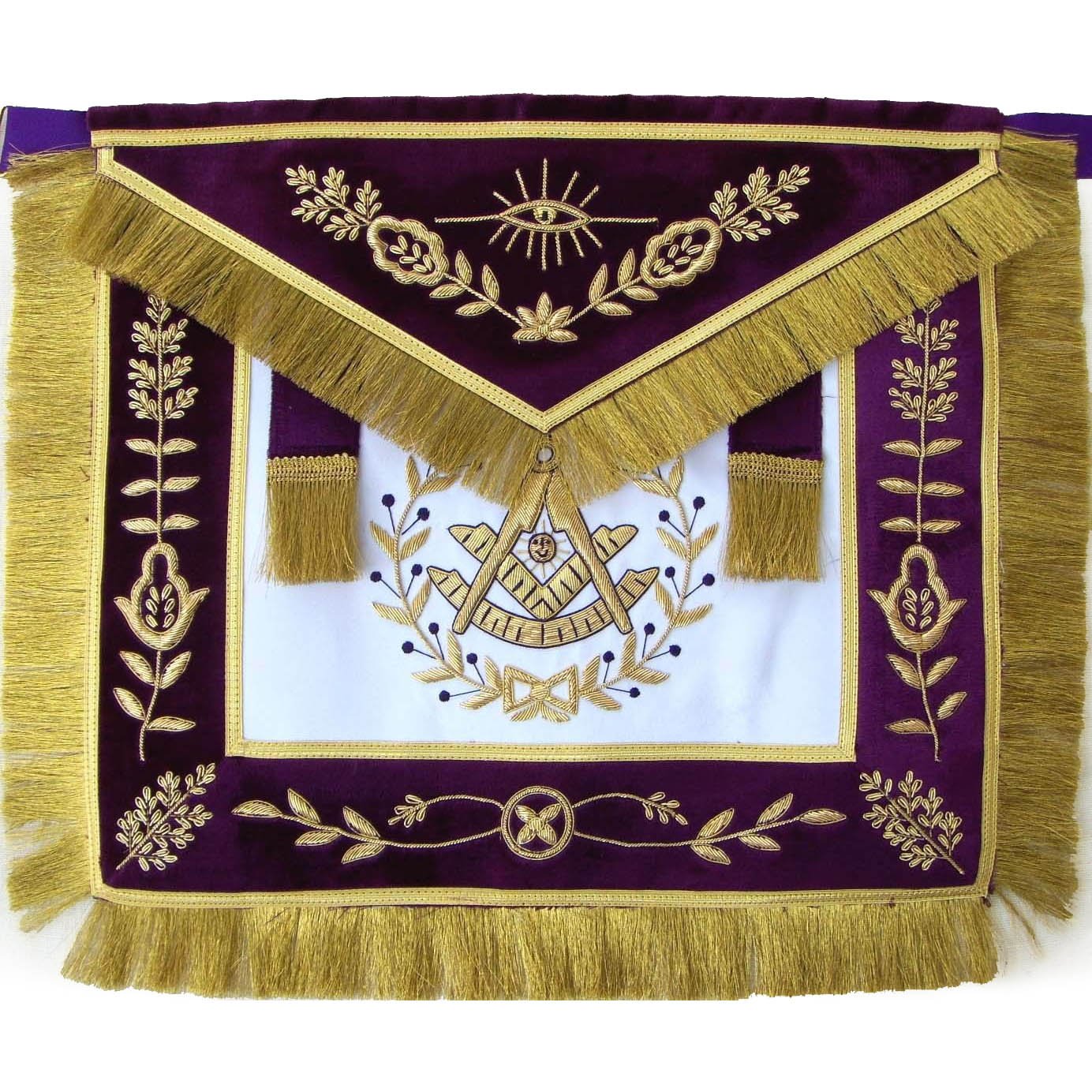 Past Master Blue Lodge Apron - White Satin & Purple with Gold Fringe Tassels - Bricks Masons