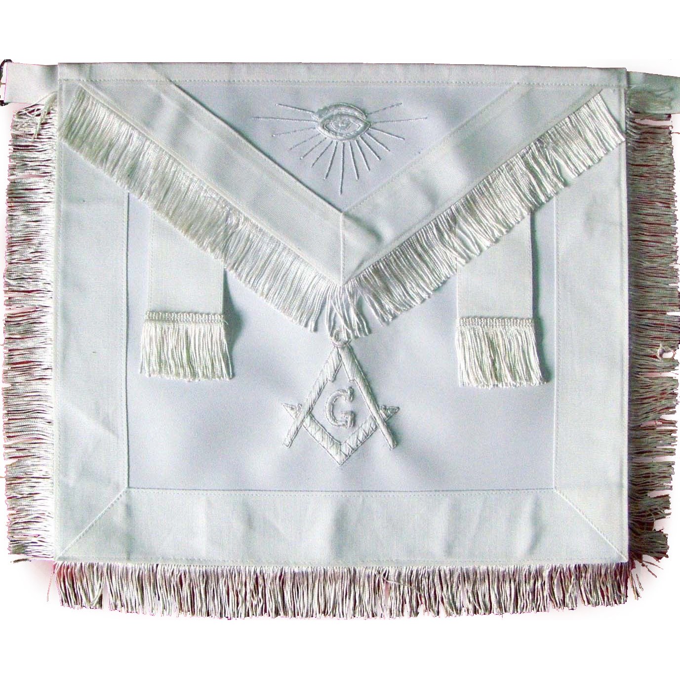 Master Mason Blue Lodge Apron - All White Ribbon with White Fringe - Bricks Masons
