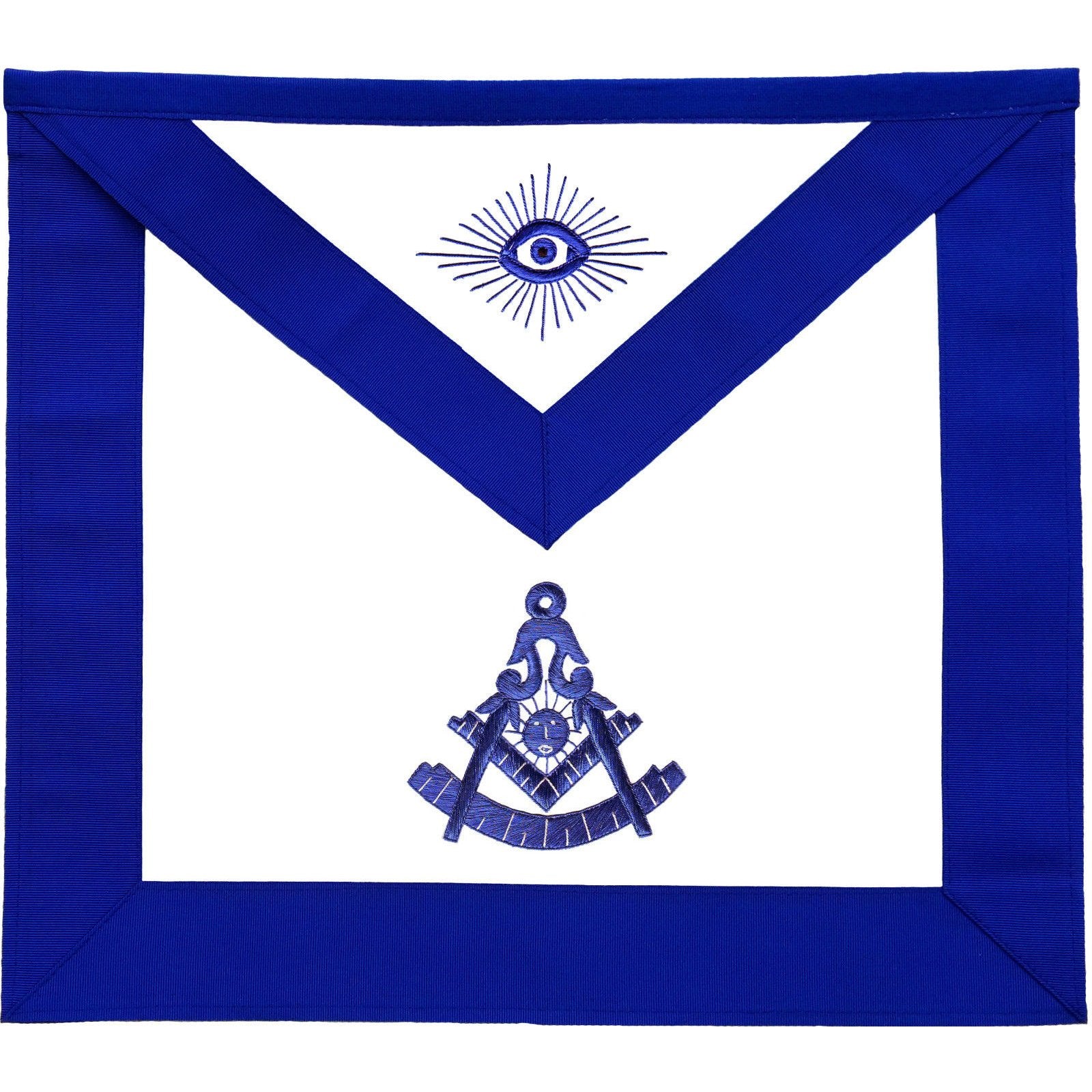Past Master Blue Lodge Apron - Royal Blue Grosgrain  with Blue Hand Embroidery - Bricks Masons