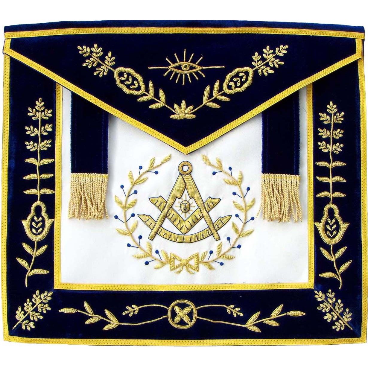 Past Master Blue Lodge Apron - Blue Velvet with Side Tabs & Gold Braid Hand Embroidery - Bricks Masons
