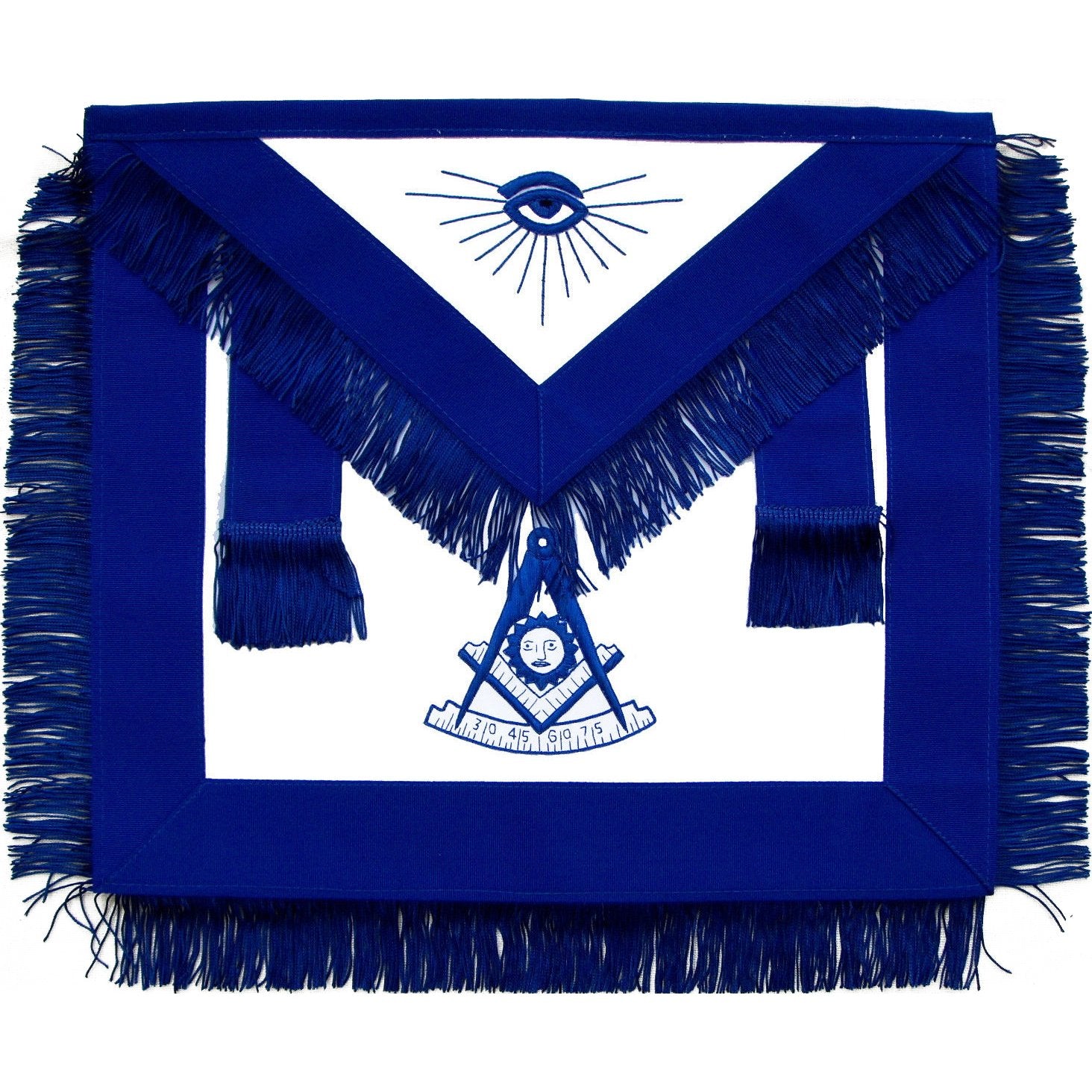 Past Master Blue Lodge Apron - Royal Blue with Blue Hand Embroidery & Fringe - Bricks Masons