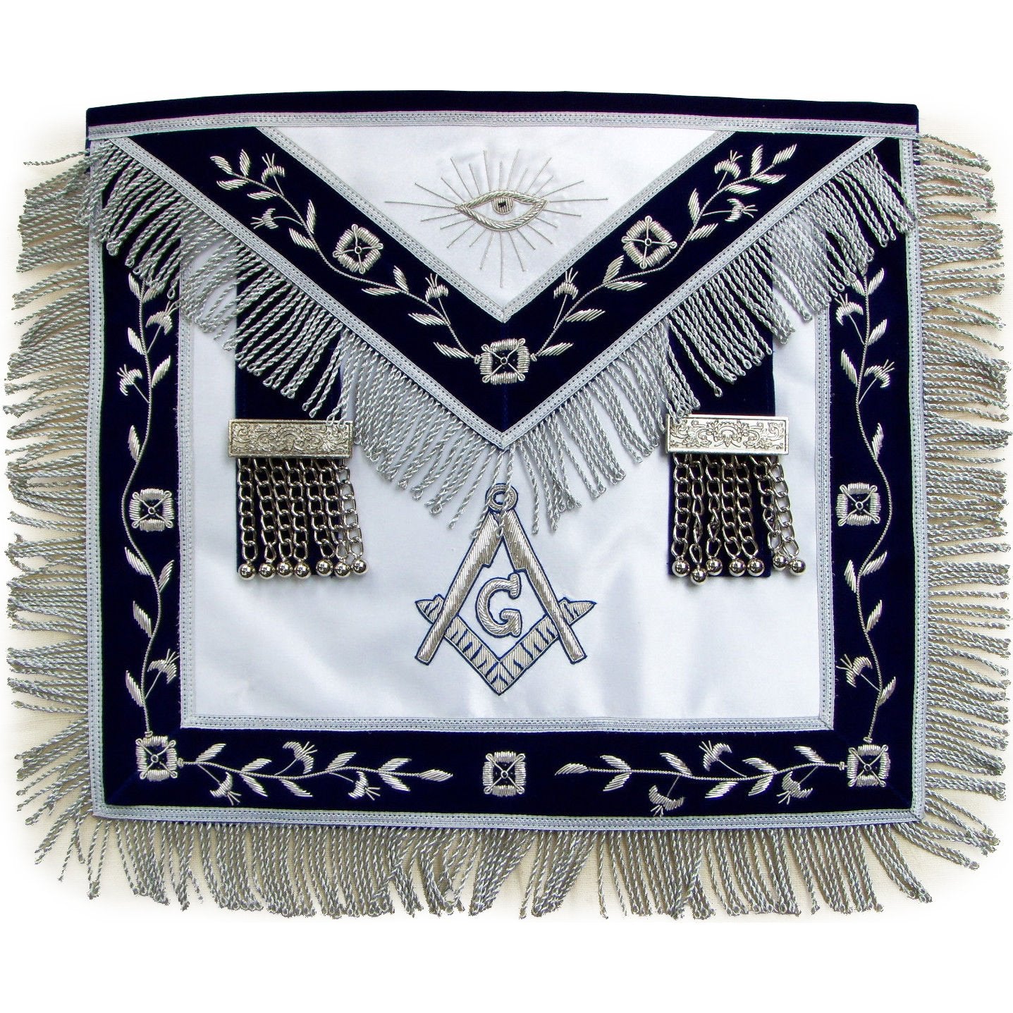 Master Mason Blue Lodge Apron - White Satin & Navy Blue - Bricks Masons