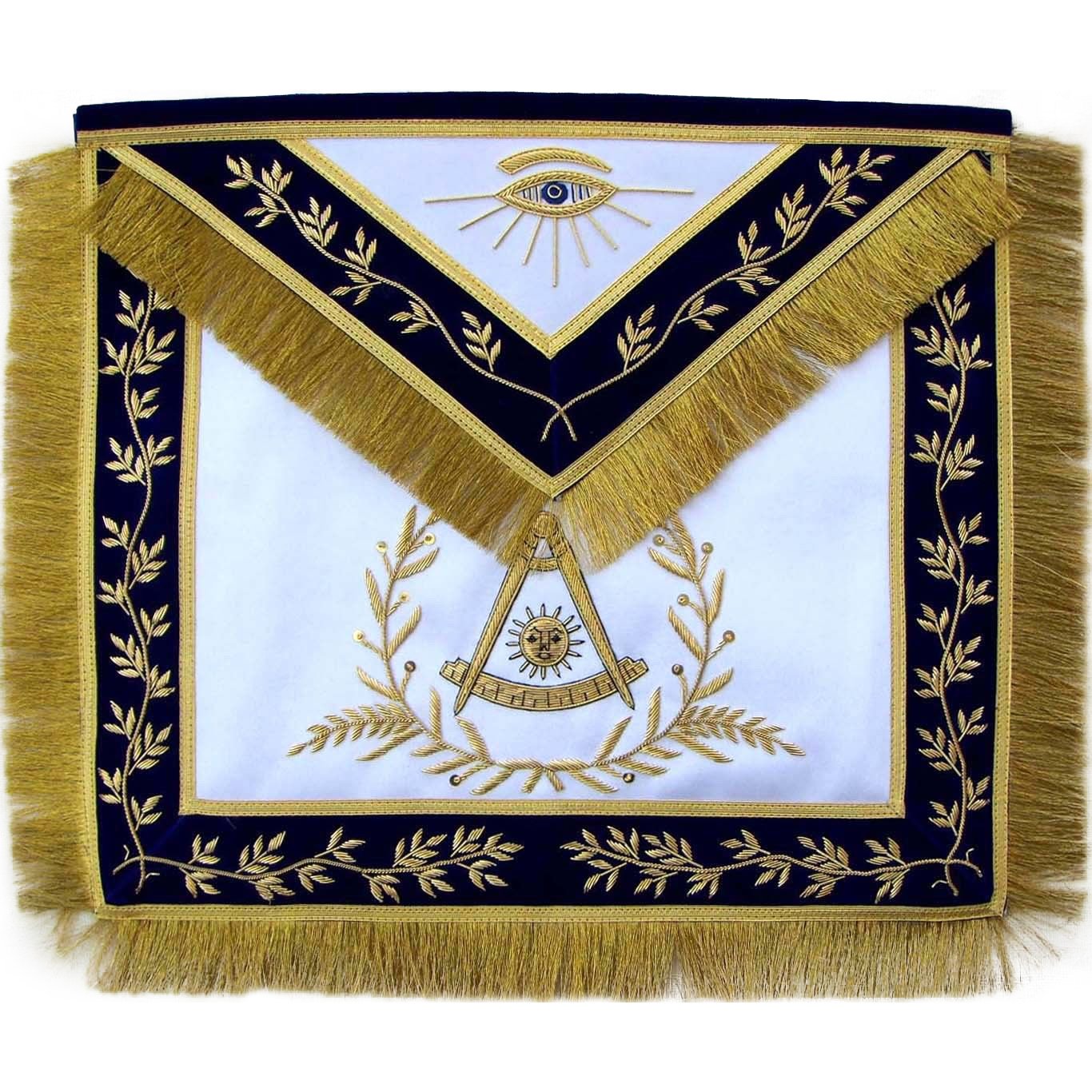 Past Master Blue Lodge Apron - Navy Blue with Gold Hand Embroidery & Fringe Tassels - Bricks Masons