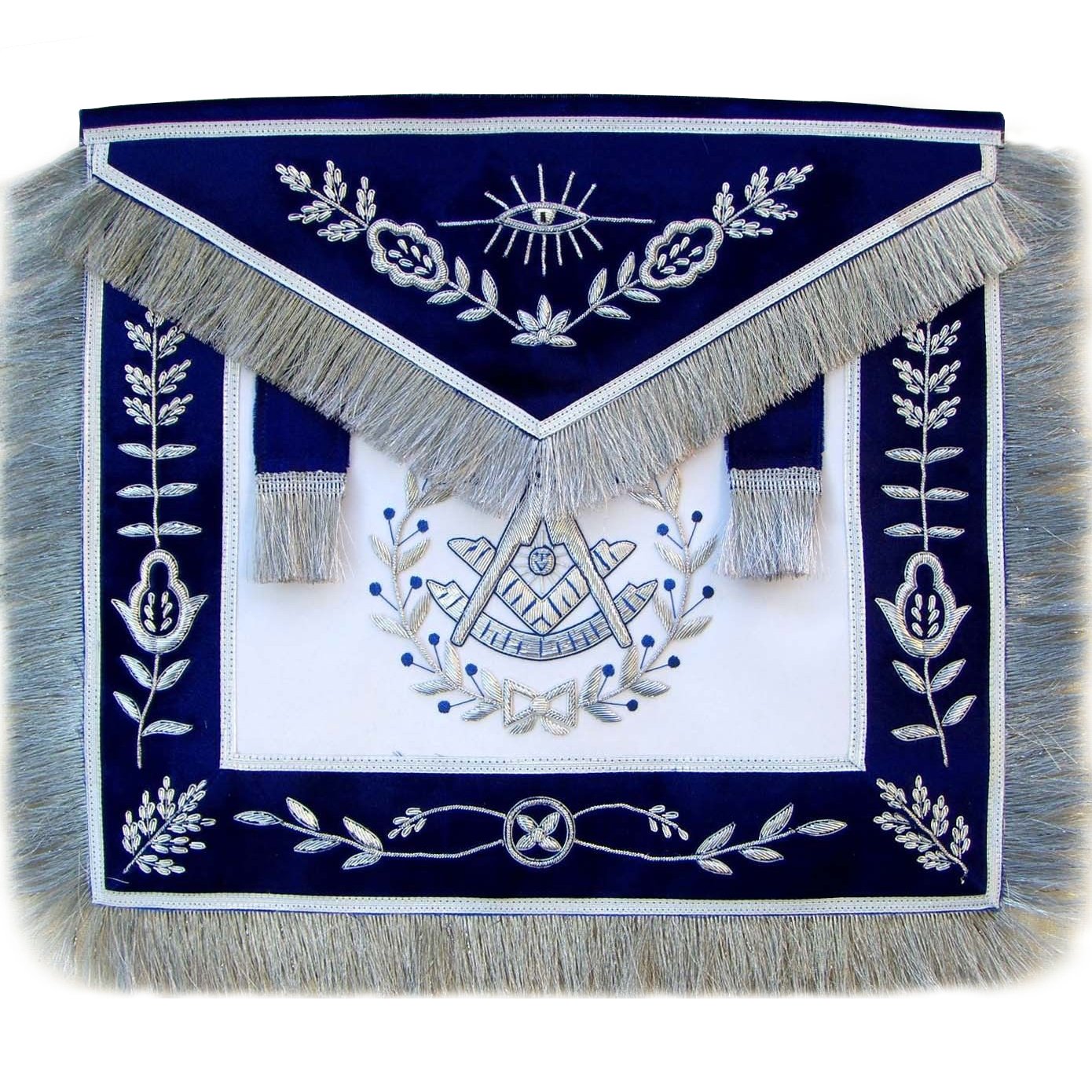 Past Master Blue Lodge Apron - Hand Embroidered Vinework & Silver Fringe Tassels - Bricks Masons