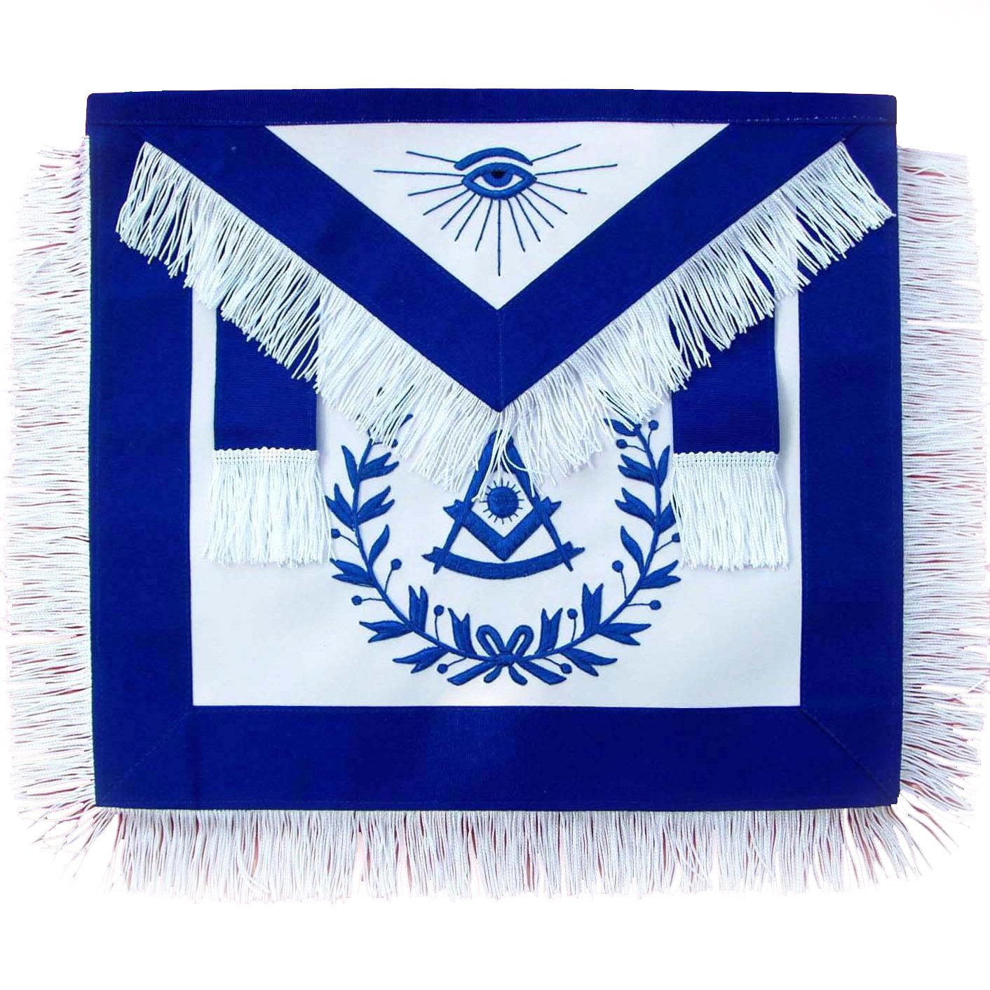 Past Master Blue Lodge Apron - Royal Blue with Wreath & White Fringe Tassels - Bricks Masons