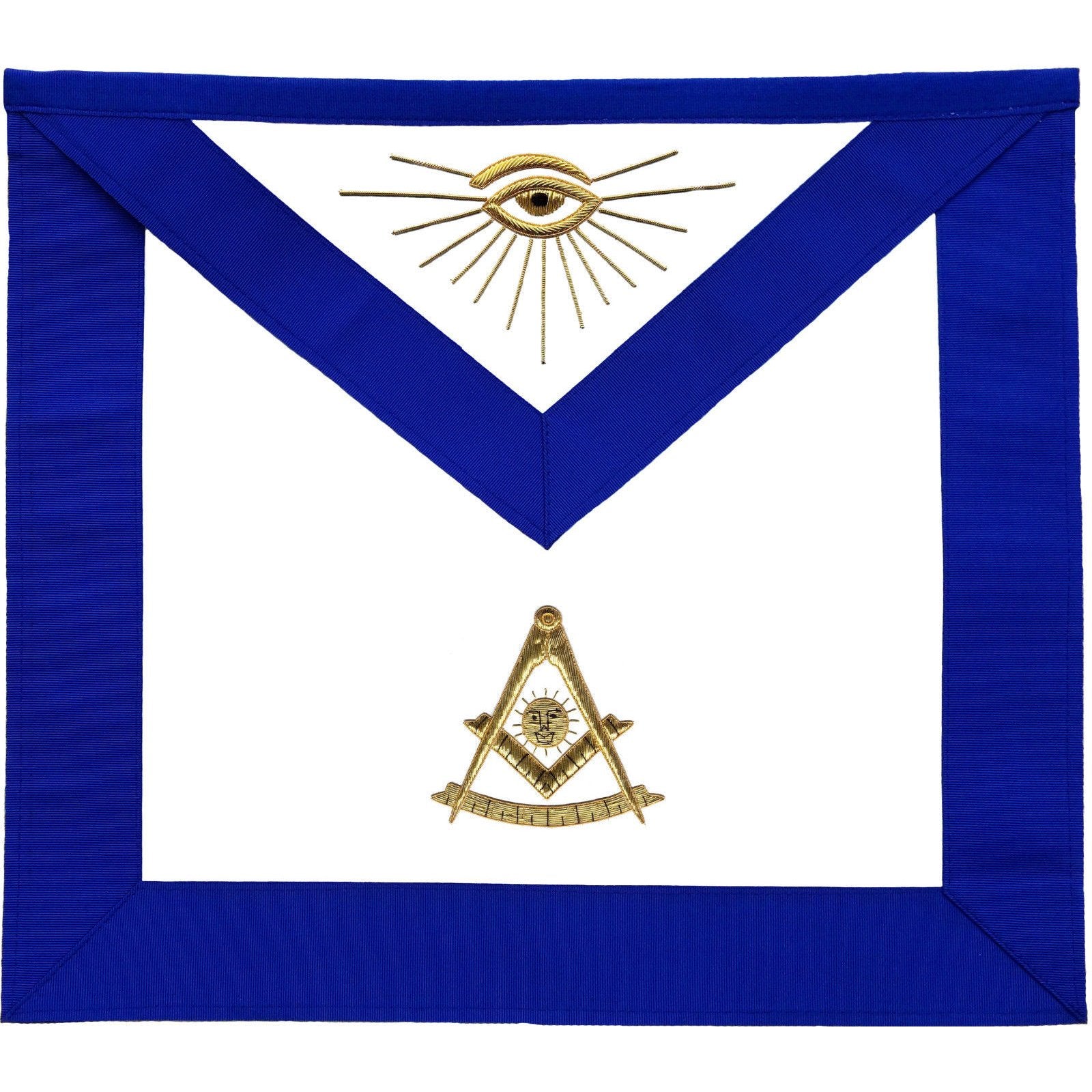 Past Master Blue Lodge Apron - Blue Grosgrain with Gold Hand Embroidery - Bricks Masons