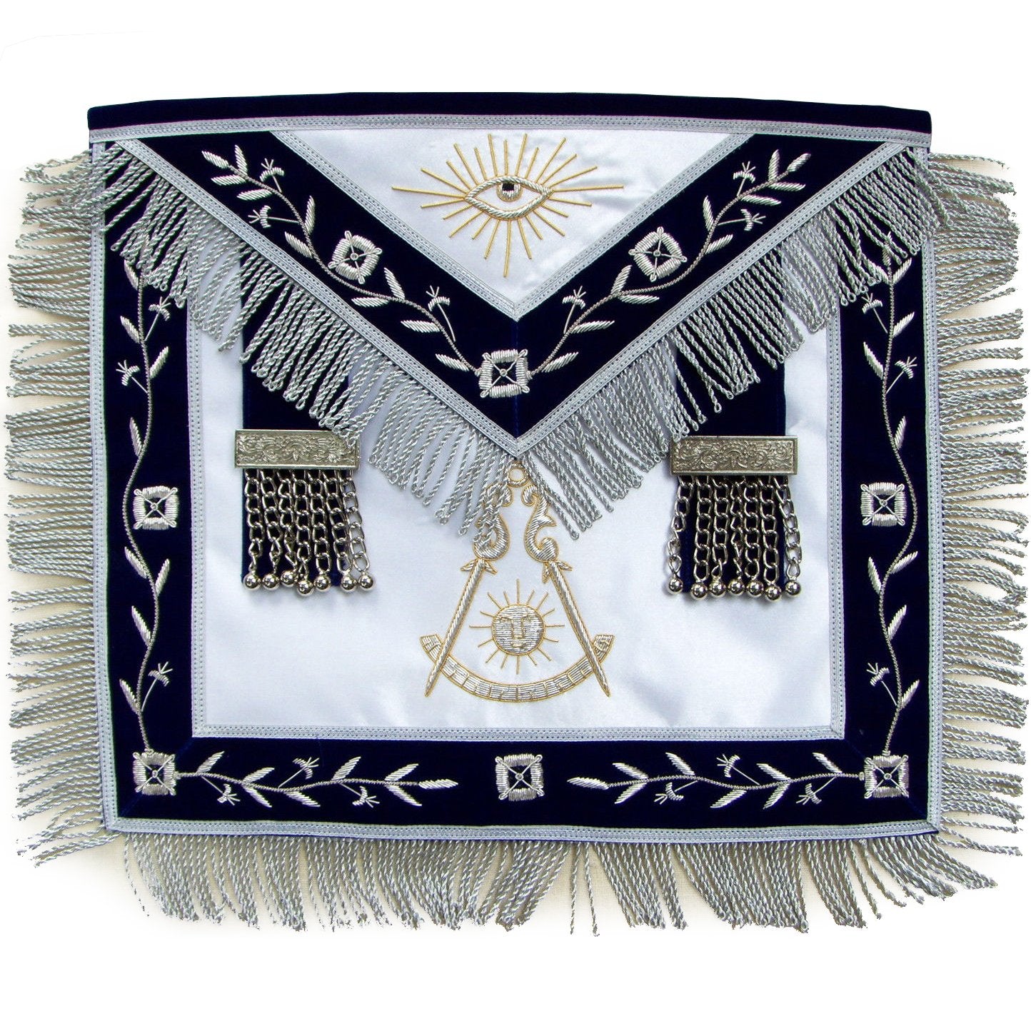 Past Master Blue Lodge Apron - Navy Blue with Hand Embroidered Vinework & Silver Fringe - Bricks Masons