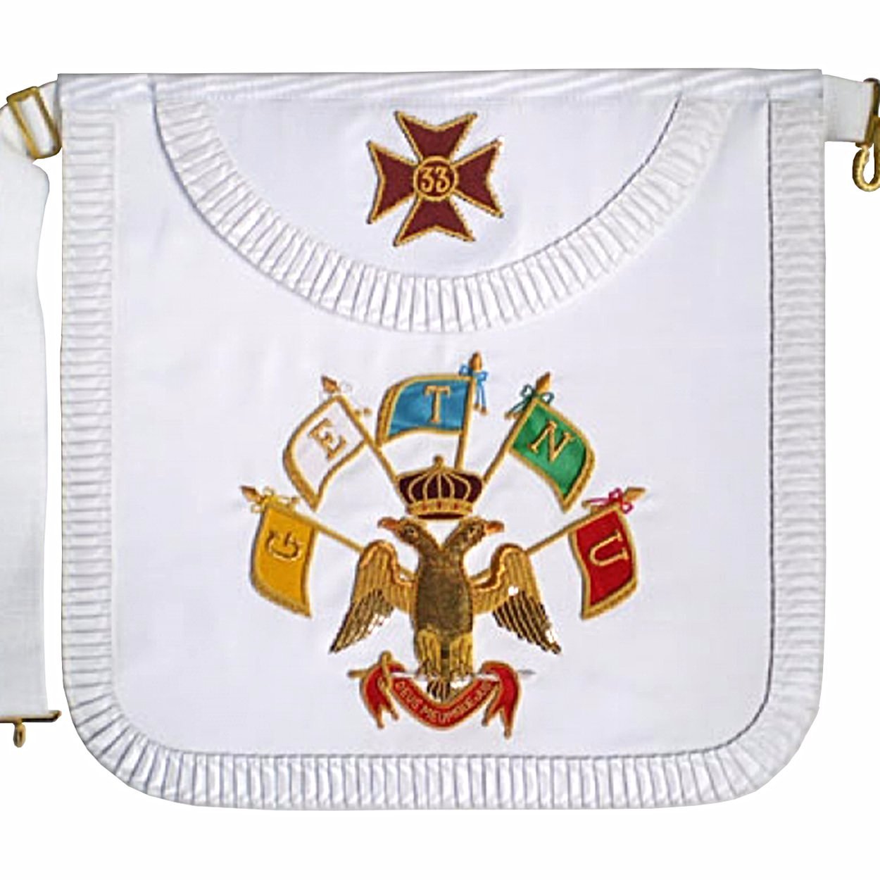 33rd Degree Scottish Rite Apron - All White Satin with Pleated Edges - Bricks Masons