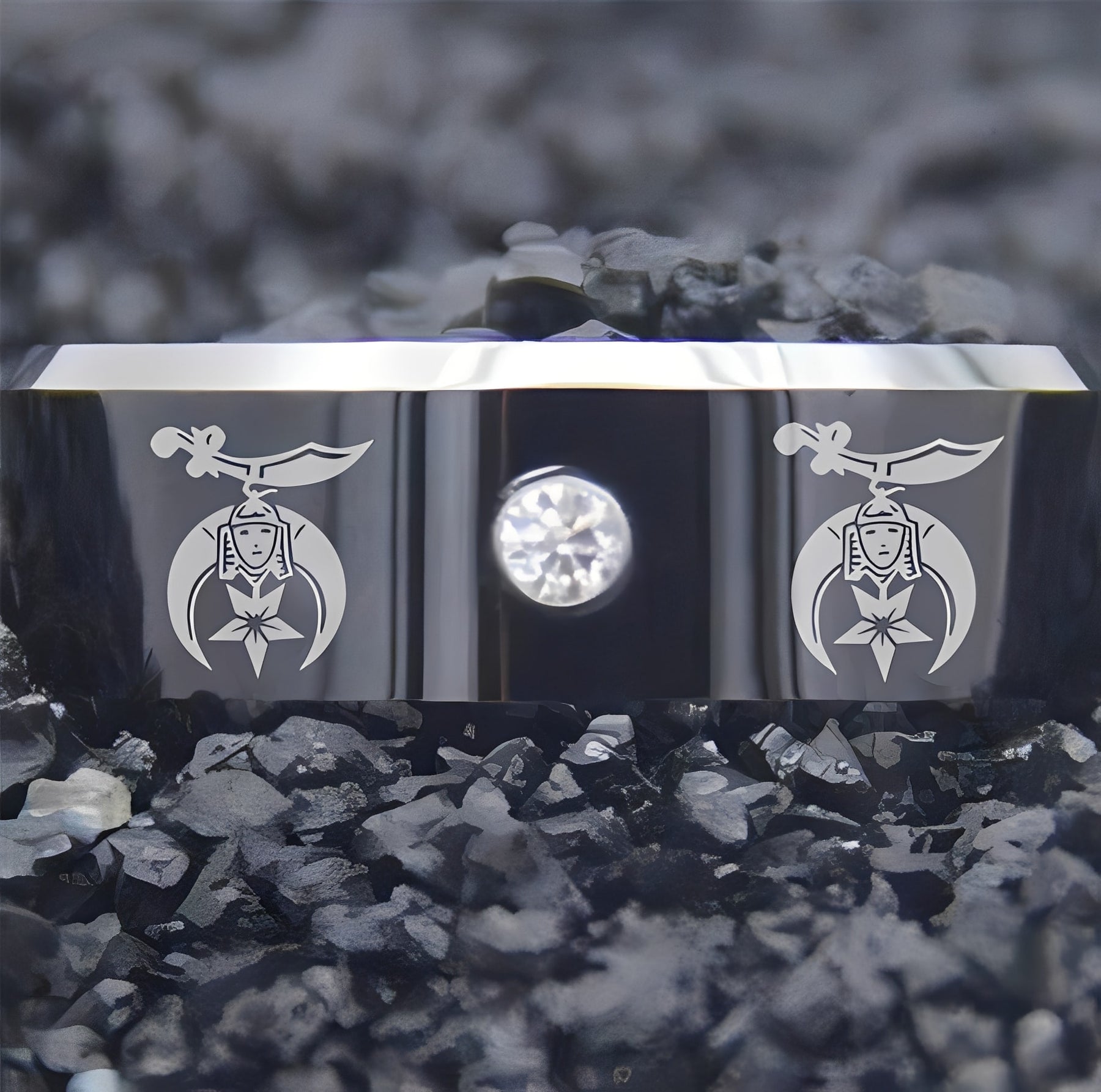 Shriners Ring - Black Silver Bevel With CZ Stone - Bricks Masons